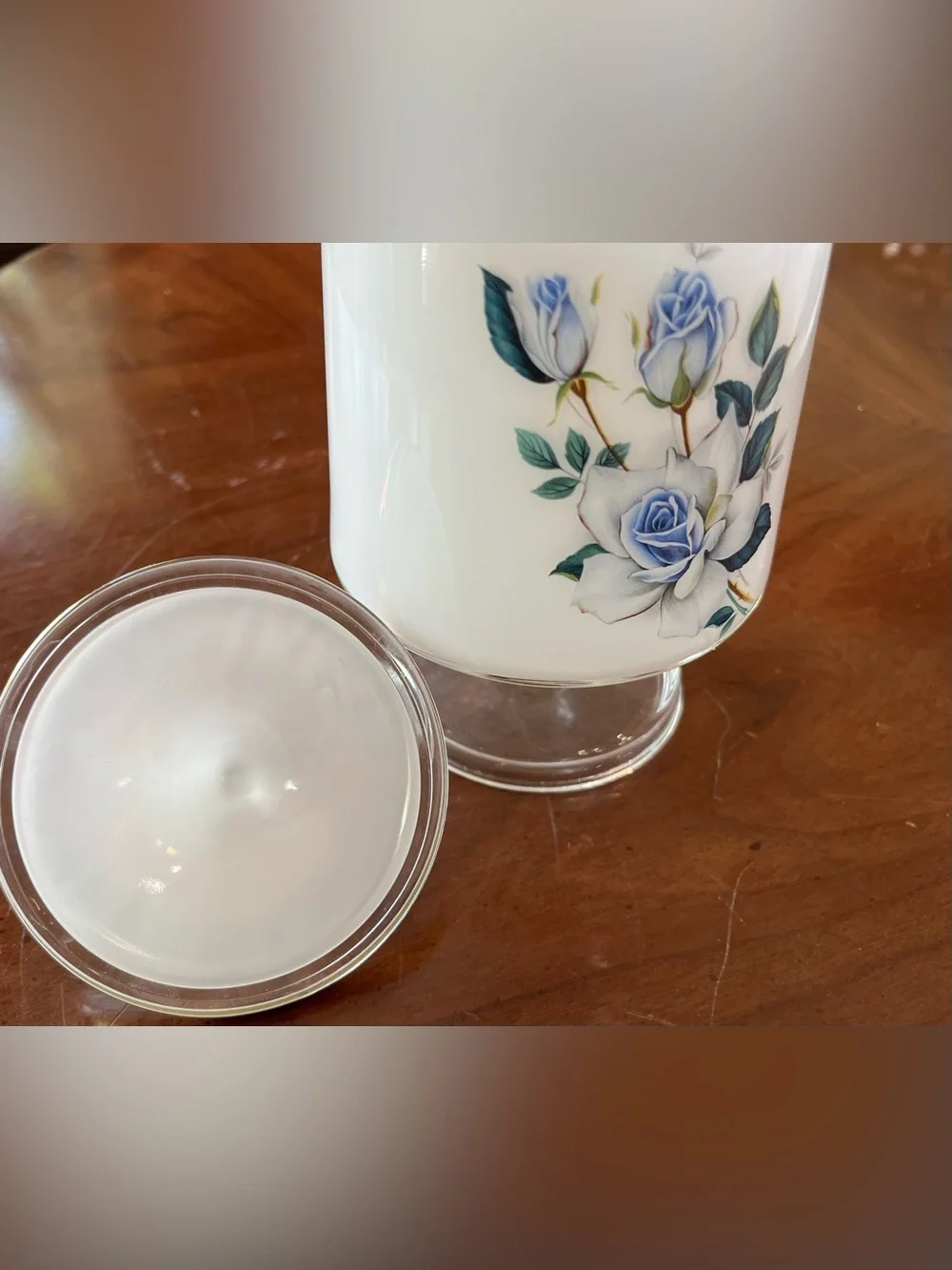 West Virginia Glass White Frosted Blue Roses Pedestal Apothecary Jar w Lid